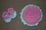 Anne Geddes-like flower pot baby bonnet & booties that I made for Roxie's baby girl, Ellie