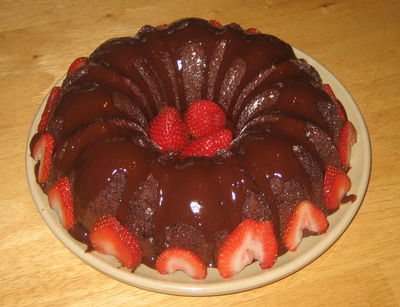Gluten-free dutch chocolate bundt cake w/strawberries