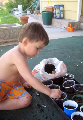 Lukas planting seeds for Mother's Day