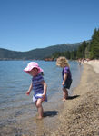 Leann and Annabel finding rocks on the shore